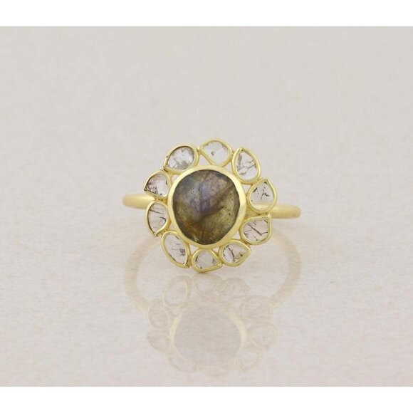 Jewelry - Gold Over Sterling Silver Natural Labradorite Polki Diamond Slice Ring Size 9.5